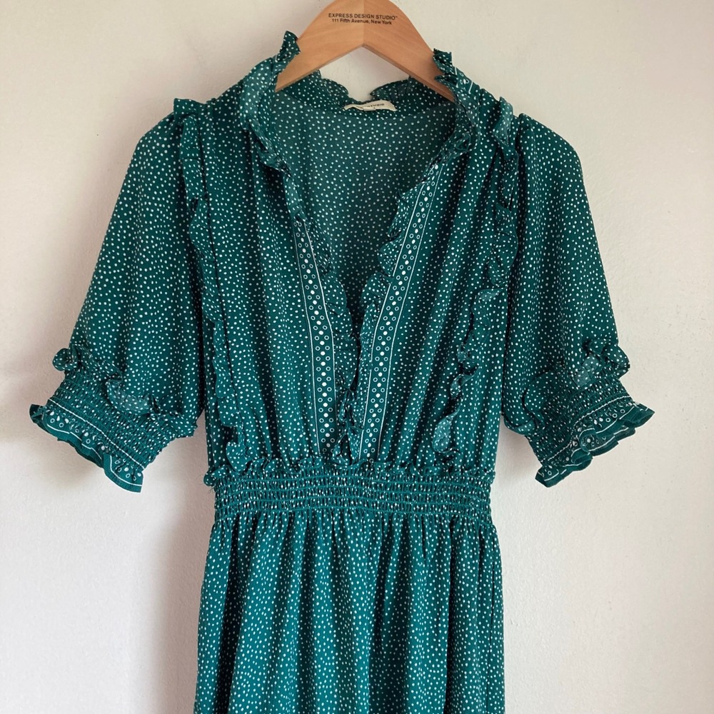 Max Studio Green Polka Dot Tiered Maxi Dress Ruffle V-Neck Smocked Waist Medium - Picture 2 of 8